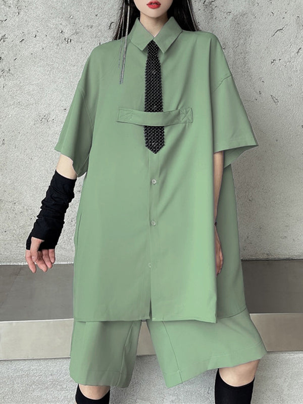 Cool Chic Loose Split-Joint Solid Color With Tie Lapel Collar Half Sleeves Blouse&Pleated Wide Legs Shorts 2 Pieces Set