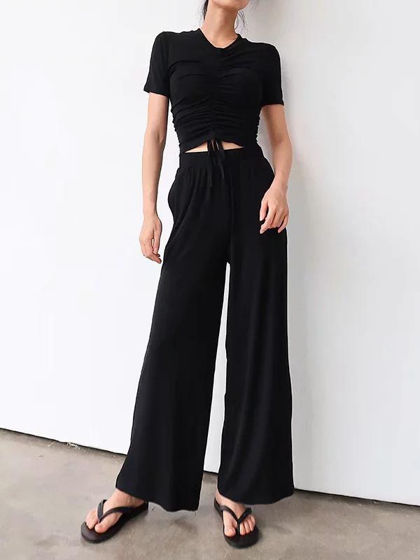 Drawstring Pleated Tees And Wide Leg Pants Suits