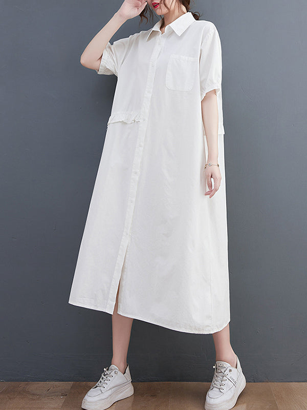 Original Artistic Retro Loose Solid Color Falbala Split-Joint Midi Shirt Dress