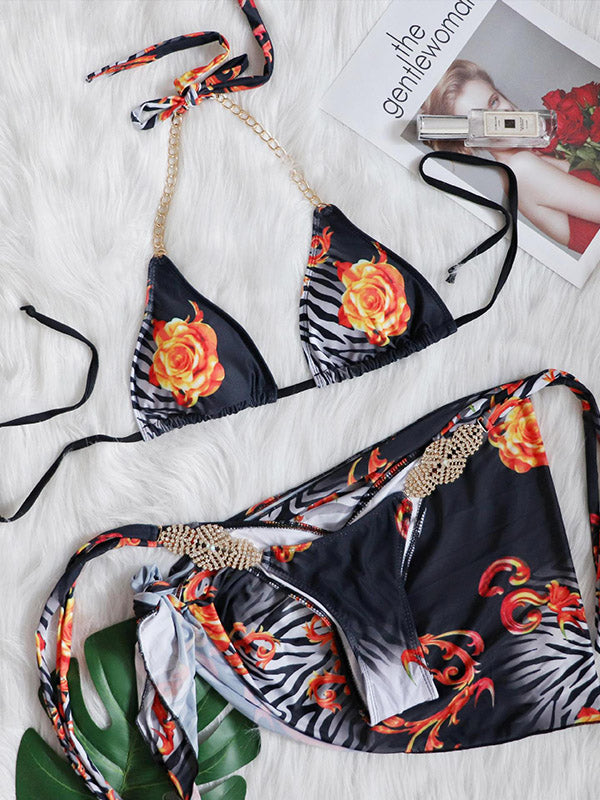 Floral Printed Beaded Decorated Triangle Bikini Swimwear