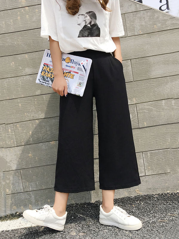 Casual Solid Chiffon Wide Leg Column Capri-Pants