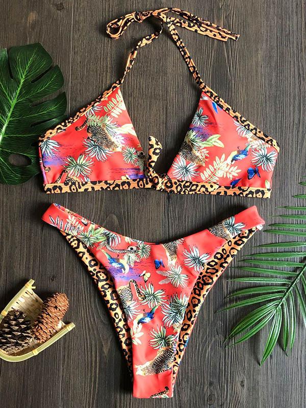 Sexy V-Neck Bandage Printing Bikini Split Type Swimsuit