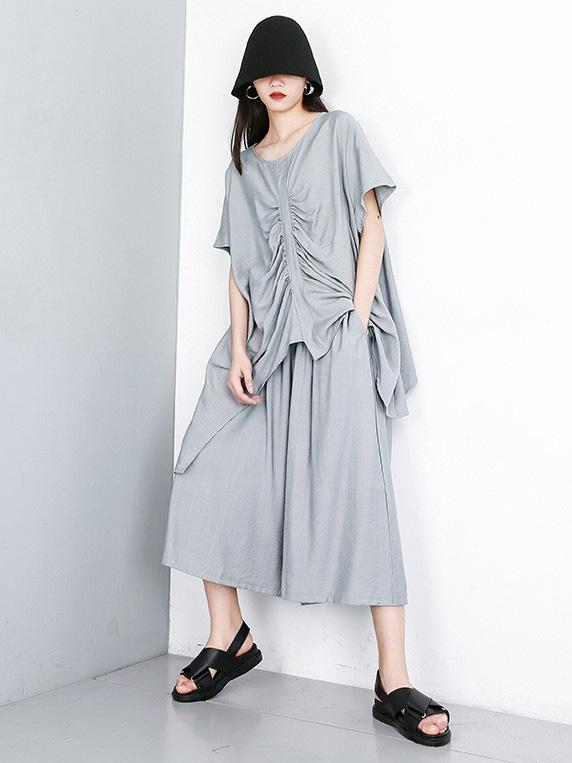 Asymmetric Ruffled Solid Tops + Wide Leg Pants Suit