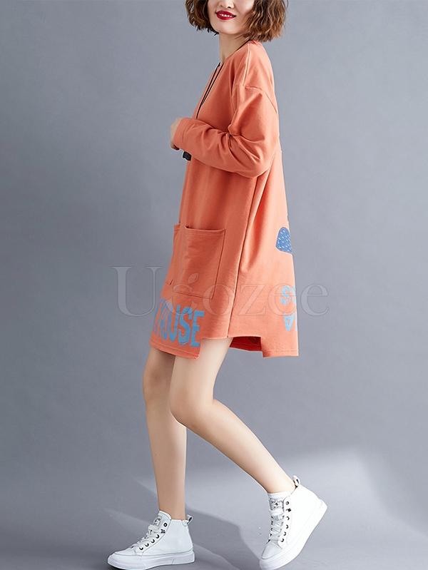 Loose Letter Printed Pocket Mini Dress