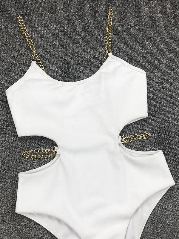 Solid Color Chain-Embellished One-Piece Swimwear