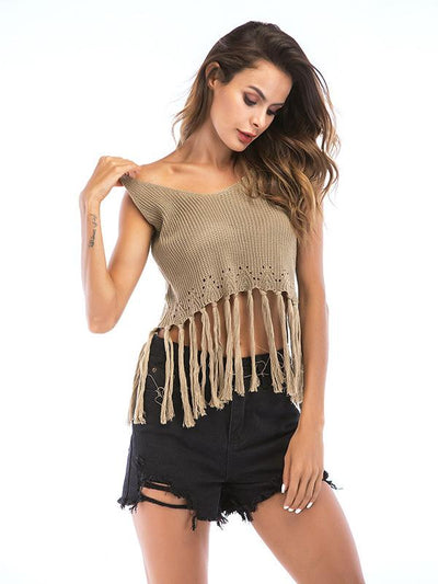 2019 Short Style Sleeveless Fringed Top