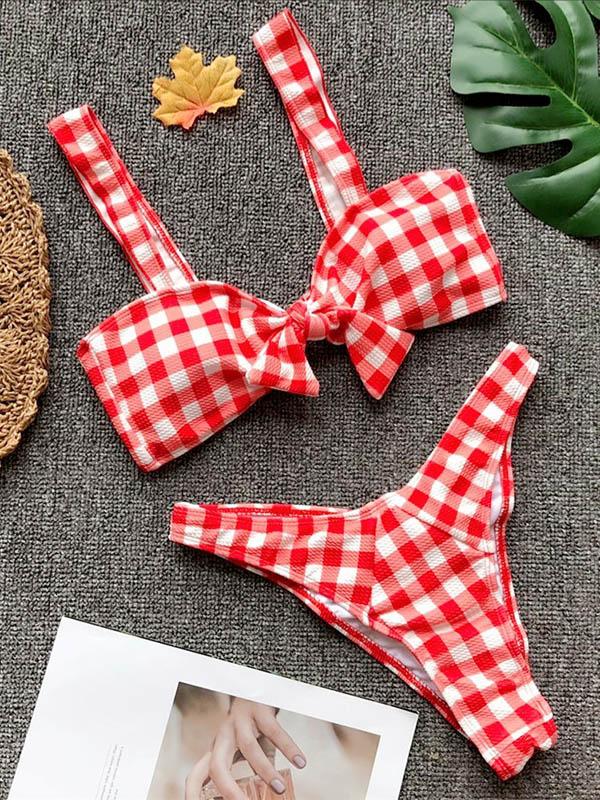 Sexy Plaid Bow-Embellished  Bikinis Swimwear