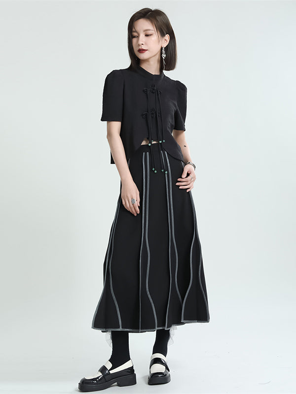 Original Stand Collar Puff Sleeves Black Split-Joint Blouse