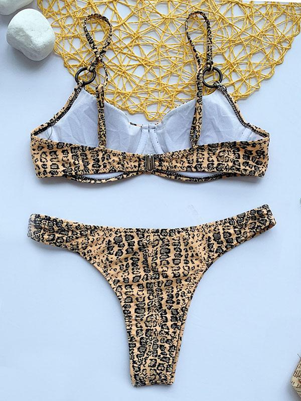 Leopard-Print Spaghetti-Neck Split Bikini Swimsuit