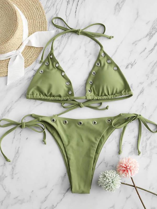 Embellished Triangle Bandage Split Bikini Swimsuit