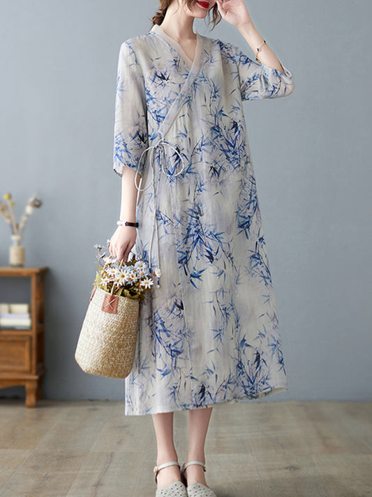 Artistic Retro Loose Floral Printed Tied V-Neck Midi Dress