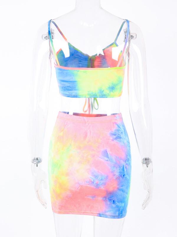 Tie-dyed Spaghetti-neck Vest Top And Mini Dresses Suits