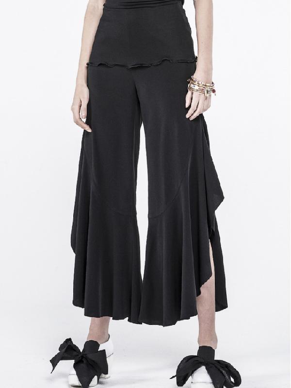 Black Falbala Split-joint Wide-leg Pants