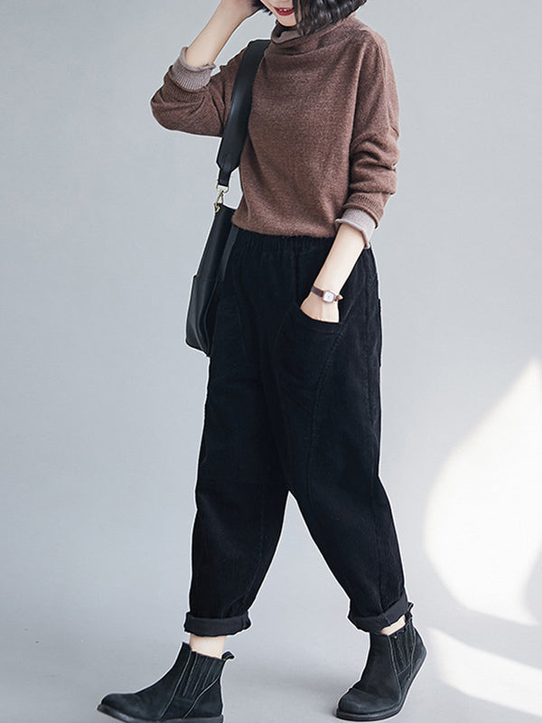 Casual Solid Color Split-Joint With Pocket Elasticity Wide Legs Corduroy Harem Pants