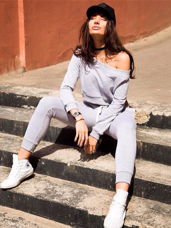 Off The Shoulder Crop Sweatshirt And Pants Casual Suits