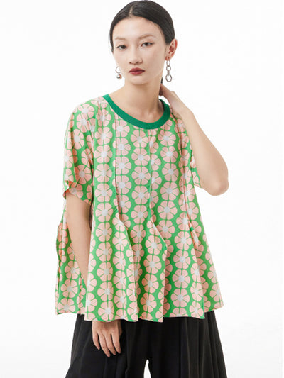 Original Loose Floral Printed Contrast Color Pleated T-Shirt Top
