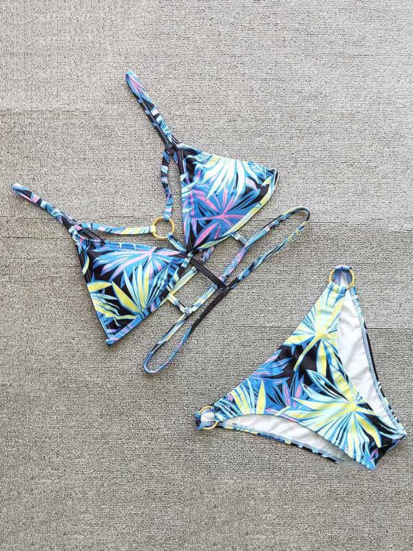 Metal Ring Leaf Print Bikini Swimsuit