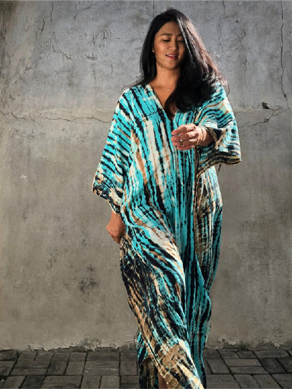 Bohemia Oversized Striped Printed Batwing Sleeves Cover-Up