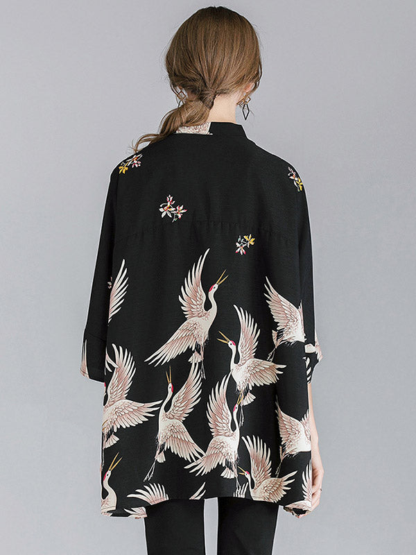 Original Crane Printed Buttoned Stand Collar Half Sleeves Blouse