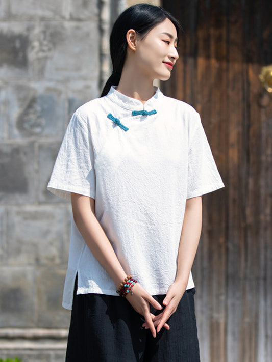 Vintage Contrast Color Short Sleeves Linen Blouse