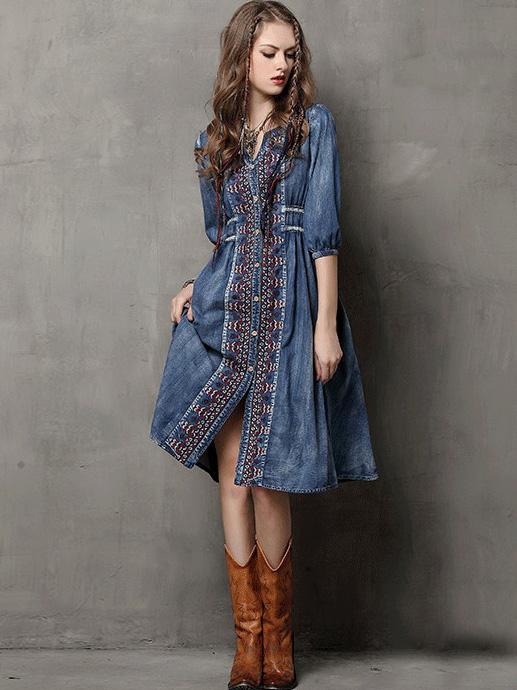 Vintage Oversize Embroidery Denim Dress