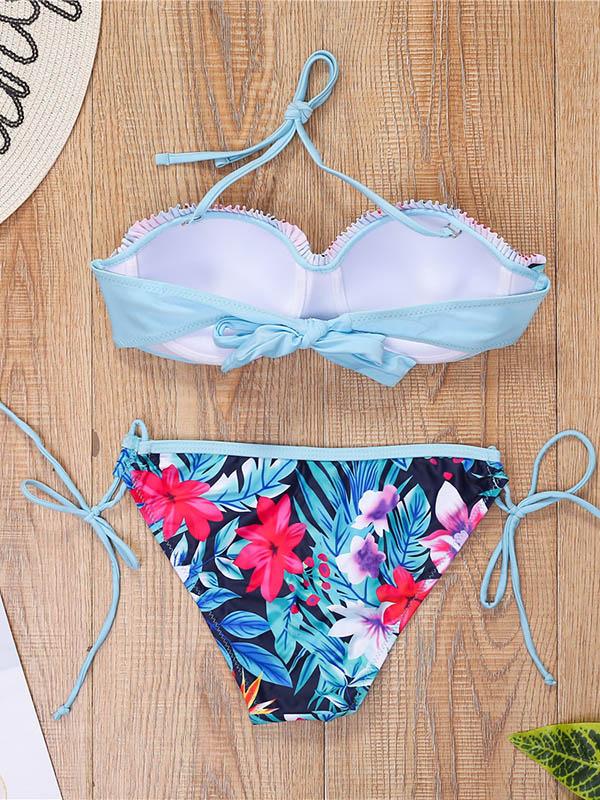 Ruffled Floral-Print Bandage Split Bikini Swimsuit