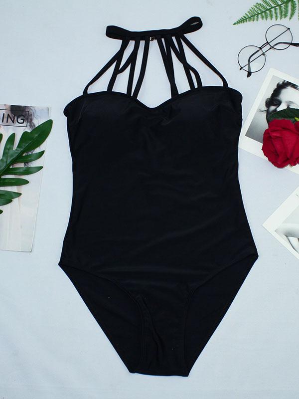 Plain Straps Backless One-Piece Swimwear