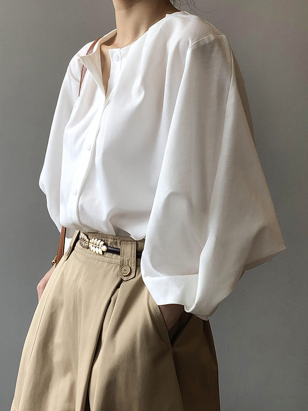 Casual Solid Color Pleated Buttoned Round-Neck Puff Sleeves Blouse