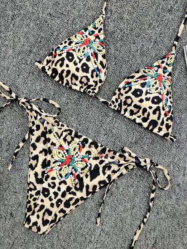 Sexy Bandage Triangles Leopard Print Split Type Bikini Swimsuit