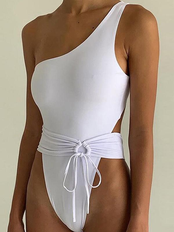 Solid Color One-Shoulder One-Piece Swimsuit