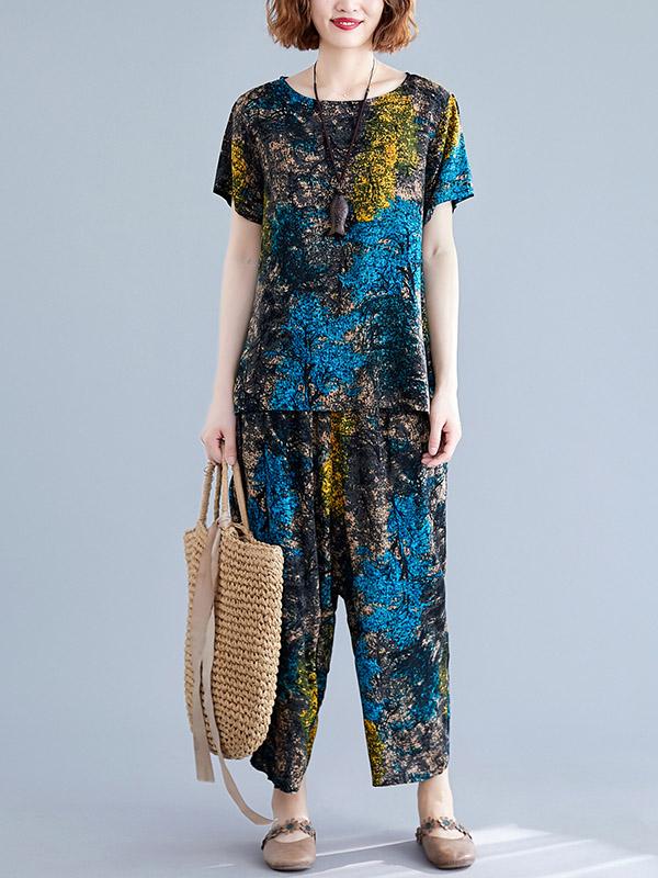 Loose Printed T-Shirt + Harem Pants Suit