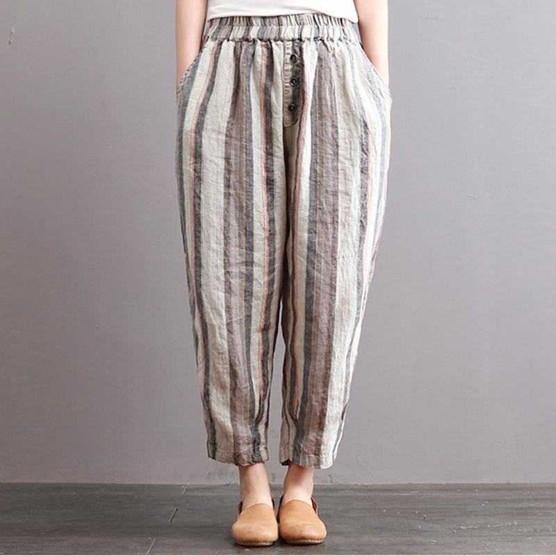 Cotton Linen Striped Casual Ankle-Length Harem Pants