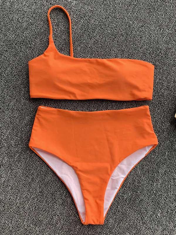 One-Shoulder Solid Color Split Bikini Swimsuit