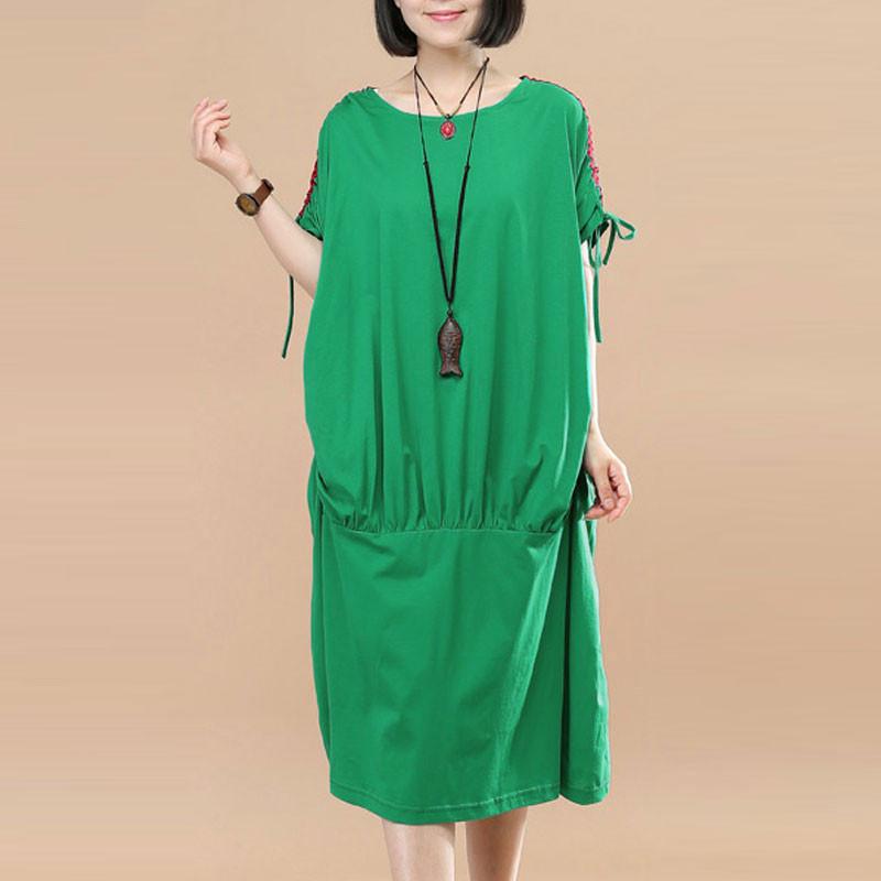 Splicing Women Loose Casual Summer String Folded Cotton Green Dress