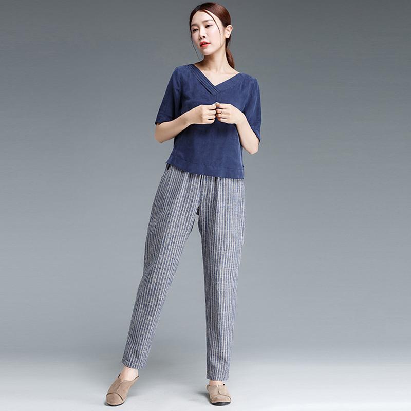 Ankle Length Blue Stripe Literature Cotton Linen Women Pants