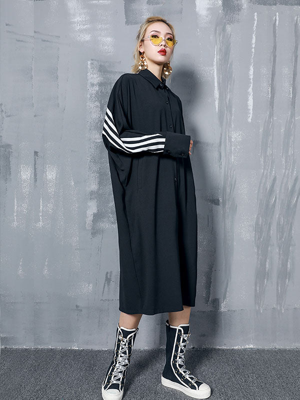 Loose Split-joint Striped Lapel Shirt Dress