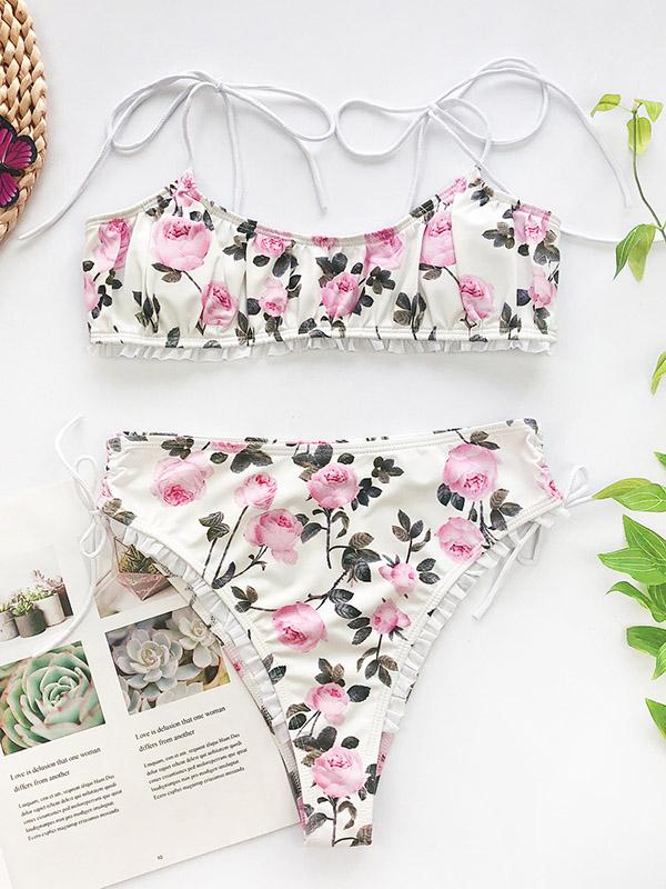 Floral-Print Falbala Split Bikini Swimsuit