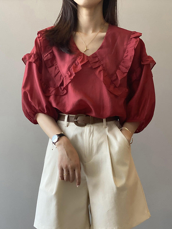 Stylish Solid Color Split-Joint Falbala V-Neck Half Sleeves Blouse