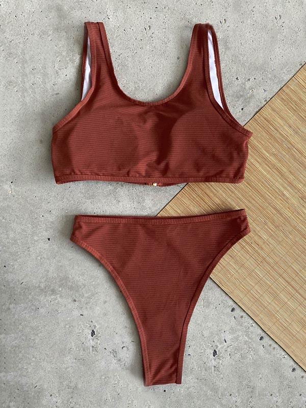 Sexy Low Collar Pockets Zipper Split Type Bikini Swimsuit