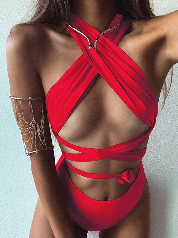 Sexy Bandage Backless Split Bikini Swimsuit