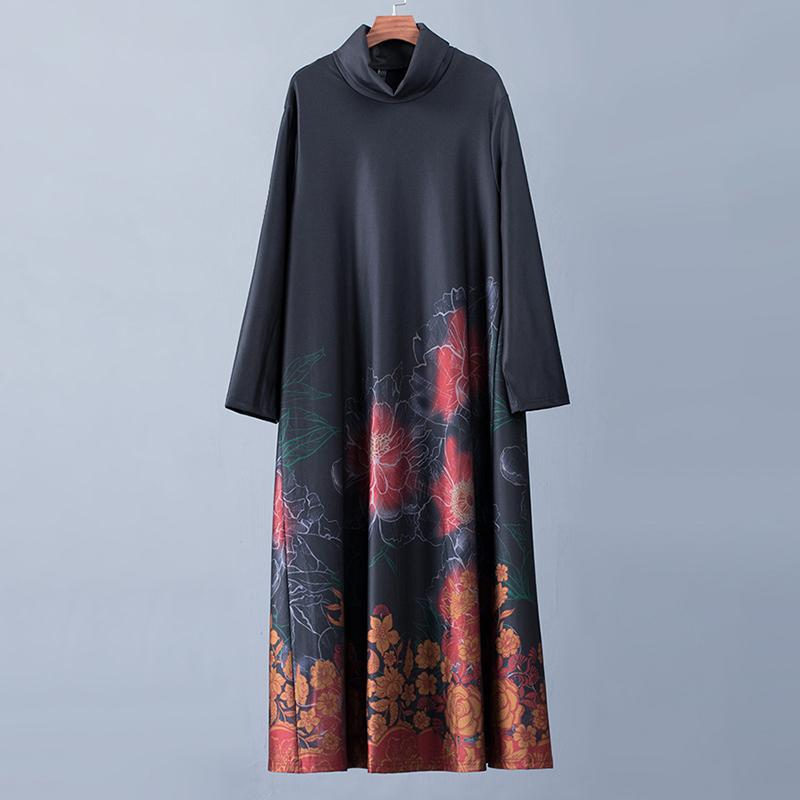 Buykud Casual Elegant Floral Printed Loose Turtleneck Dress