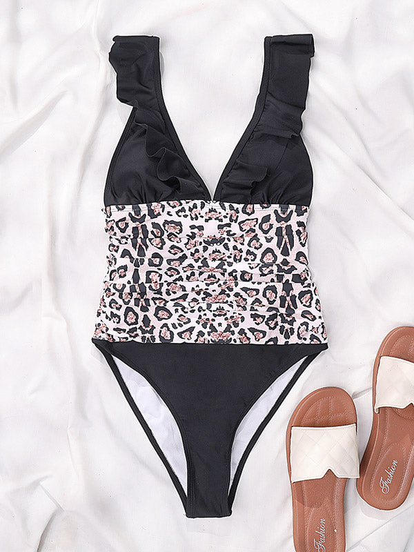 Leopard-Printed Split-Joint Falbala V-Neck One-Piece Swimwear