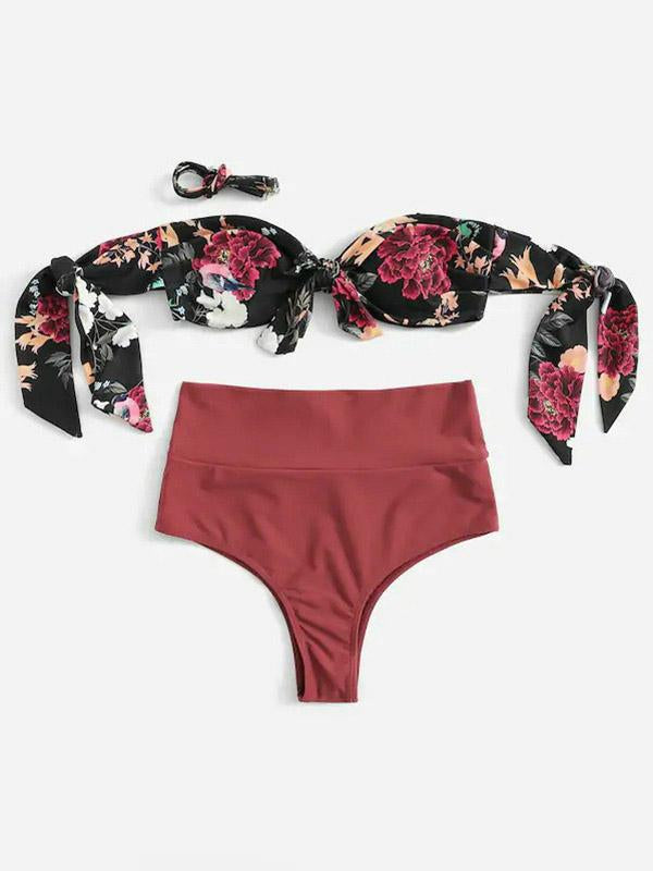 Sexy Strapless Knotted Printing Split Type Bikini Swimsuit