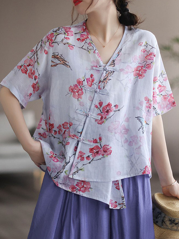 Artistic Retro Loose Ramie Cotton Buttoned Floral Printed Blouse