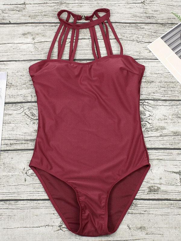 Plain Straps Backless One-Piece Swimwear