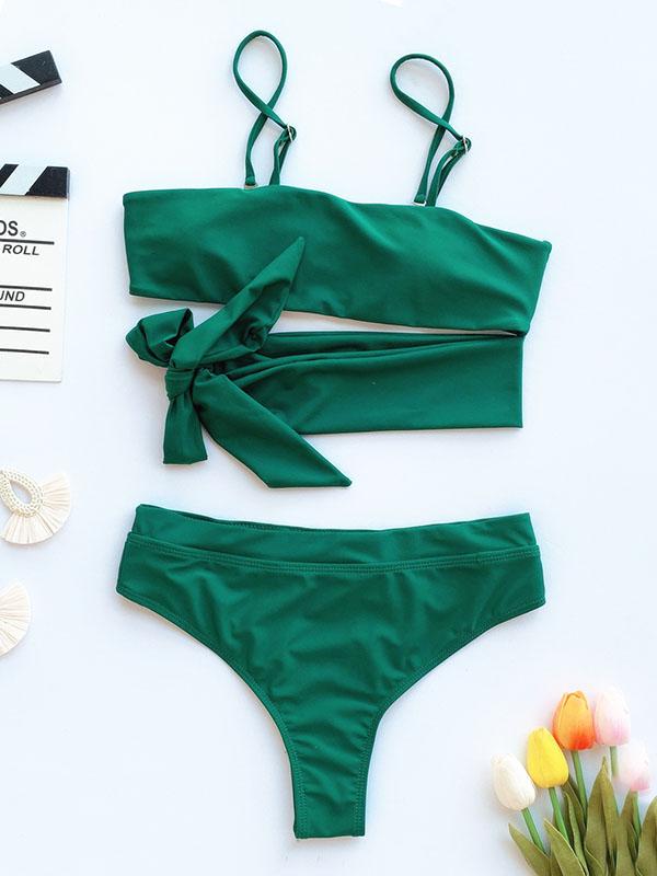 Sexy Strapless Bandage Knotted Split Bikini Swimsuit