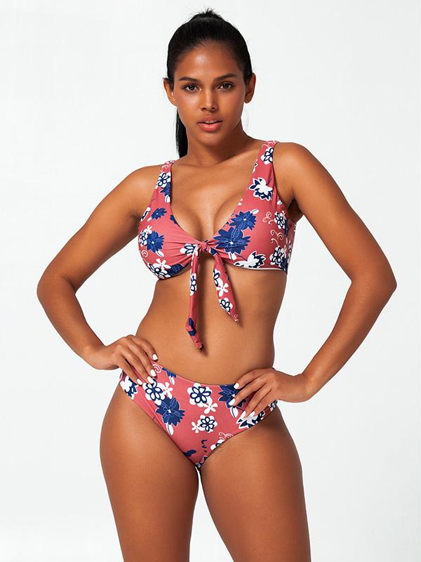 Sexy V-Neck Knotted Printing Split Bikini Swimsuit