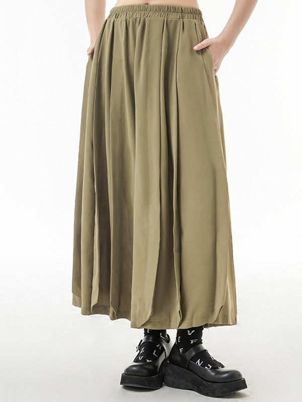 Casual Elasticity Waisted Solid Color Wide Leg Pleated Pants