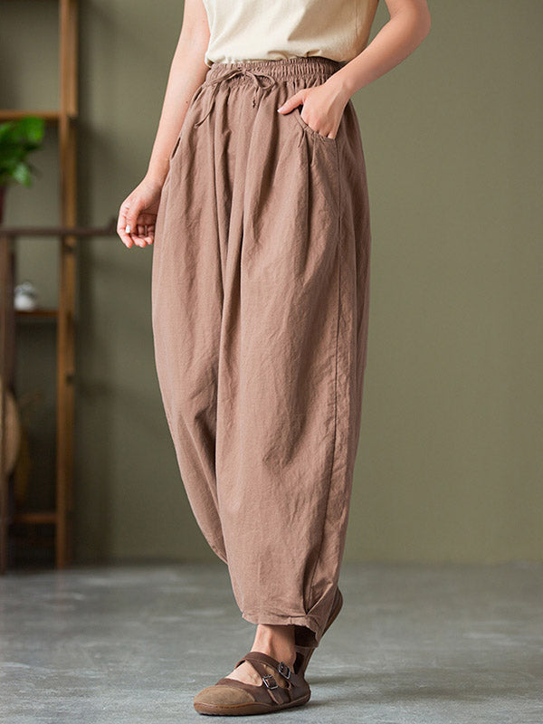 Simple Casual Loose Linen Solid Color Pleated Drawstring Knickerbockers