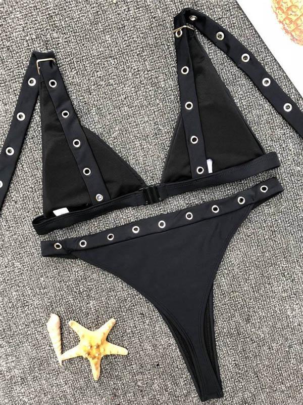 Metal-circle Adjustable Solid Bikinis Swimwear